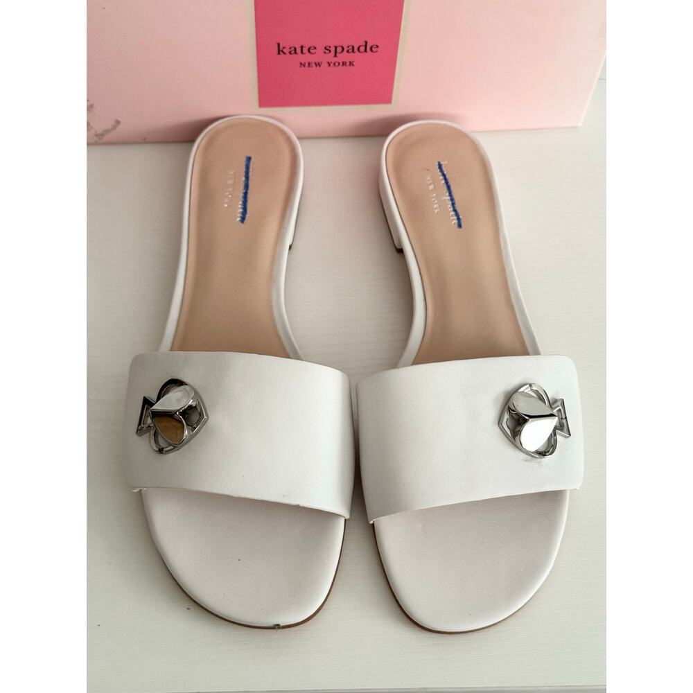 Kate Spade Ferry Slide Sandals Optic White Logo Slides 9.5 NIB Defaced